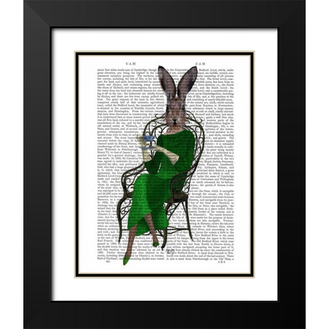 Lady Bella Rabbit Taking Tea Black Modern Wood Framed Art Print with Double Matting by Fab Funky