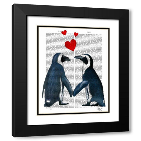 Penguins With Love Hearts Black Modern Wood Framed Art Print with Double Matting by Fab Funky
