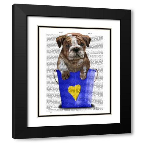 Bulldog Bucket Of Love Blue Black Modern Wood Framed Art Print with Double Matting by Fab Funky