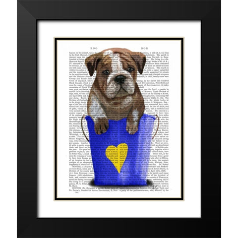 Bulldog Bucket Of Love Blue Black Modern Wood Framed Art Print with Double Matting by Fab Funky