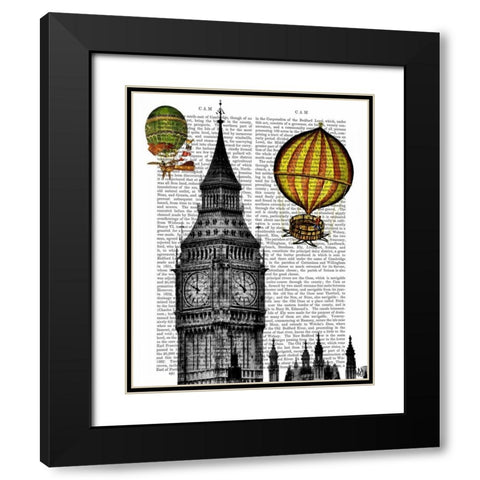 Big Ben and Vintage Hot Air Balloons Black Modern Wood Framed Art Print with Double Matting by Fab Funky