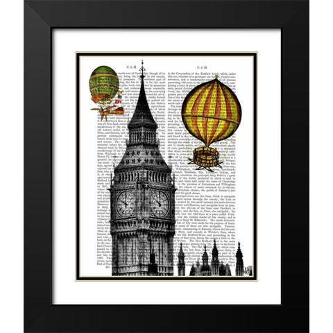 Big Ben and Vintage Hot Air Balloons Black Modern Wood Framed Art Print with Double Matting by Fab Funky