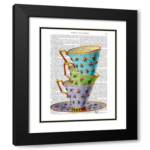 Stack Of Three Vintage Teacups Black Modern Wood Framed Art Print with Double Matting by Fab Funky