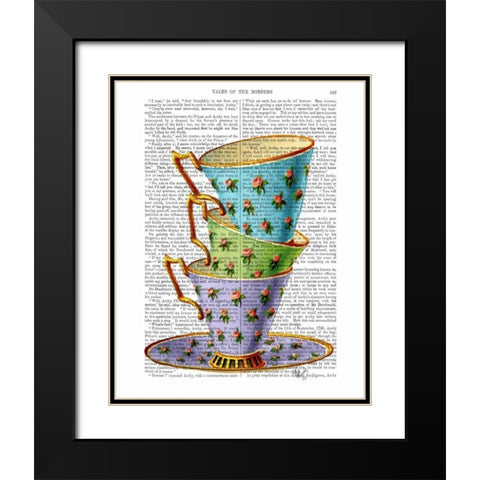 Stack Of Three Vintage Teacups Black Modern Wood Framed Art Print with Double Matting by Fab Funky