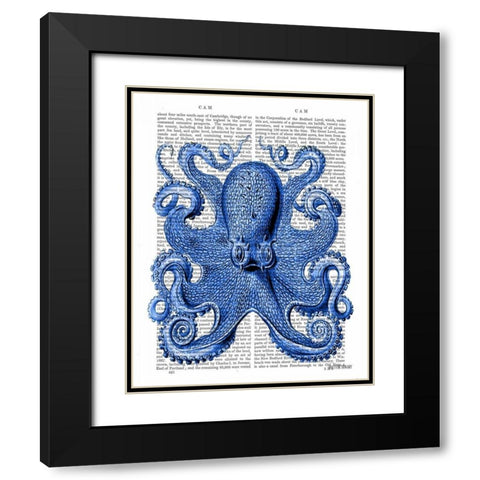Vintage Blue Octopus 1  Front Black Modern Wood Framed Art Print with Double Matting by Fab Funky