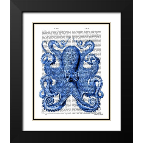 Vintage Blue Octopus 1  Front Black Modern Wood Framed Art Print with Double Matting by Fab Funky