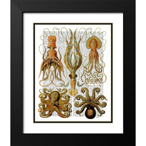 Octopus and squid Black Modern Wood Framed Art Print with Double Matting by Fab Funky
