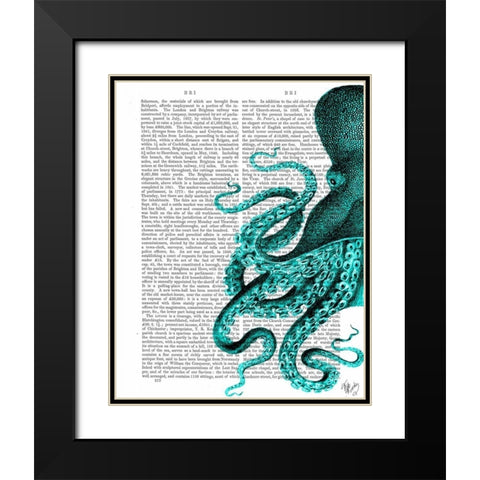 Octopus Green Half Black Modern Wood Framed Art Print with Double Matting by Fab Funky