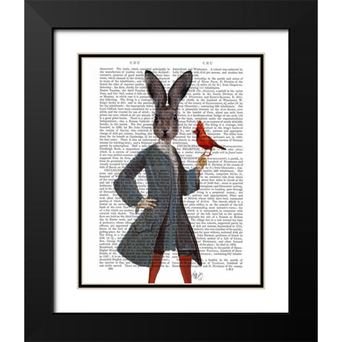 Rabbit and Bird Black Modern Wood Framed Art Print with Double Matting by Fab Funky