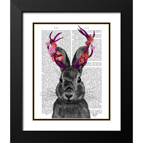 Jackalope with Pink Antlers Black Modern Wood Framed Art Print with Double Matting by Fab Funky
