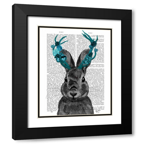 Jackalope with Turquoise Antlers Black Modern Wood Framed Art Print with Double Matting by Fab Funky