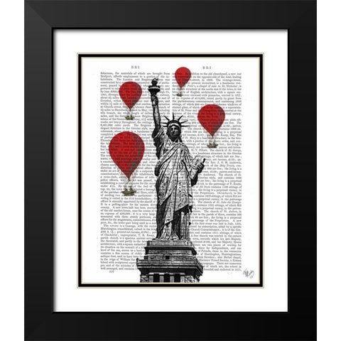 Statue Of Liberty and Red Hot Air Balloons Black Modern Wood Framed Art Print with Double Matting by Fab Funky