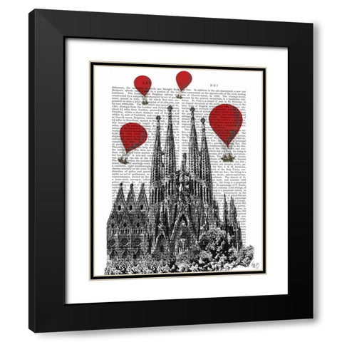 Sagrada Familia and Red Hot Air Balloons Black Modern Wood Framed Art Print with Double Matting by Fab Funky