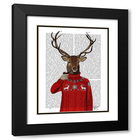 Deer in Ski Sweater Black Modern Wood Framed Art Print with Double Matting by Fab Funky