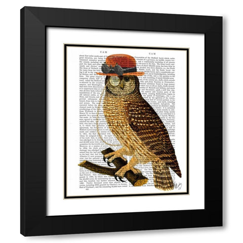 Owl with Steampunk Style Bowler Hat Black Modern Wood Framed Art Print with Double Matting by Fab Funky