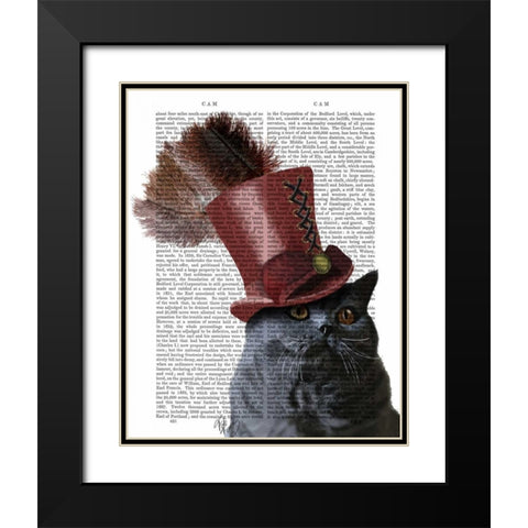 Grey Cat With Steampunk Top Hat Black Modern Wood Framed Art Print with Double Matting by Fab Funky