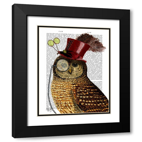 Owl With Top Hat Black Modern Wood Framed Art Print with Double Matting by Fab Funky