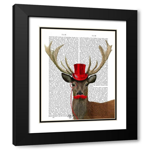 Deer with Red Top Hat and Moustache Black Modern Wood Framed Art Print with Double Matting by Fab Funky