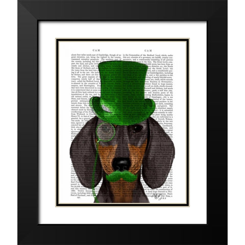 Dachshund with Green Top Hat Black Tan Black Modern Wood Framed Art Print with Double Matting by Fab Funky