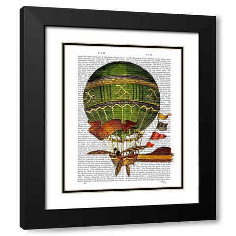 Hot Air Balloon Green Black Modern Wood Framed Art Print with Double Matting by Fab Funky