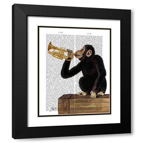 Monkey Playing Trumpet Black Modern Wood Framed Art Print with Double Matting by Fab Funky