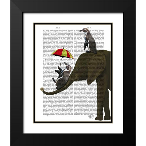Elephant and Penguin Black Modern Wood Framed Art Print with Double Matting by Fab Funky
