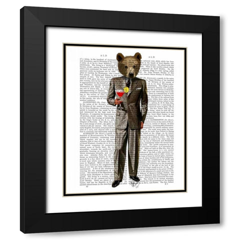 Bear with Cocktail Black Modern Wood Framed Art Print with Double Matting by Fab Funky