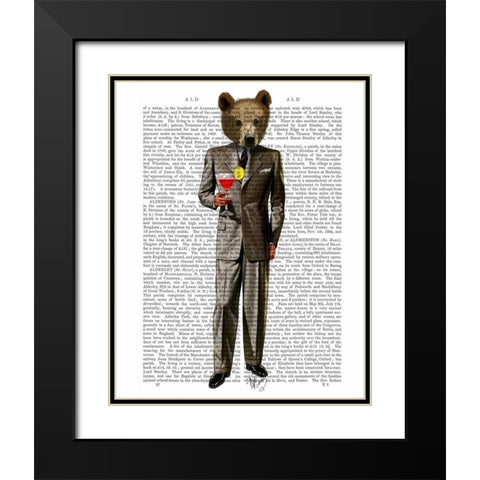 Bear with Cocktail Black Modern Wood Framed Art Print with Double Matting by Fab Funky