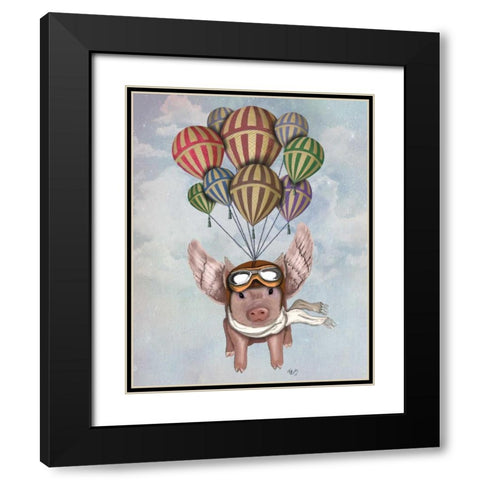 Pig And Balloons Black Modern Wood Framed Art Print with Double Matting by Fab Funky