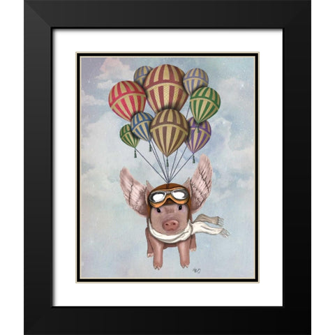 Pig And Balloons Black Modern Wood Framed Art Print with Double Matting by Fab Funky