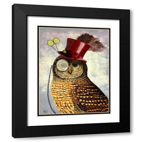 Owl With Top Hat Black Modern Wood Framed Art Print with Double Matting by Fab Funky