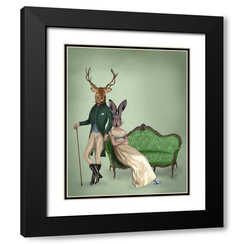 Mr Deer and Mrs Rabbit Black Modern Wood Framed Art Print with Double Matting by Fab Funky