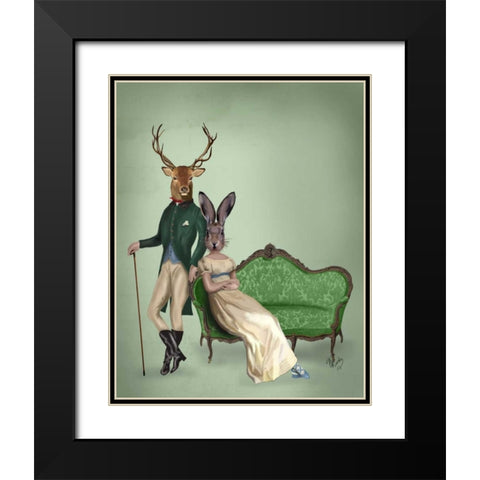 Mr Deer and Mrs Rabbit Black Modern Wood Framed Art Print with Double Matting by Fab Funky