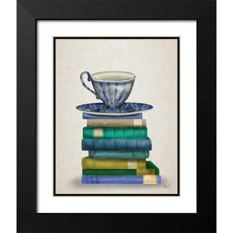 Teacup and Books Black Modern Wood Framed Art Print with Double Matting by Fab Funky