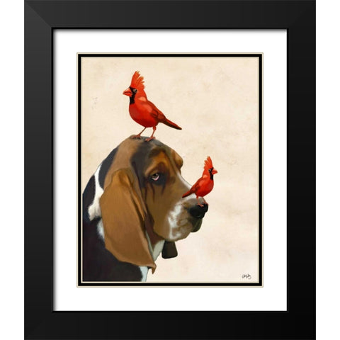 Basset Hound and Birds Black Modern Wood Framed Art Print with Double Matting by Fab Funky