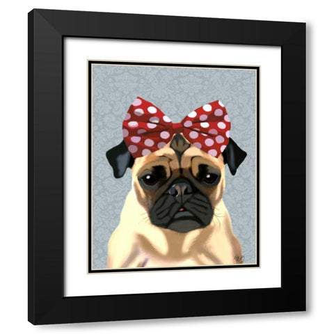 Pug with Red Spotty Bow On Head Black Modern Wood Framed Art Print with Double Matting by Fab Funky