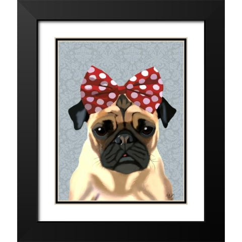 Pug with Red Spotty Bow On Head Black Modern Wood Framed Art Print with Double Matting by Fab Funky