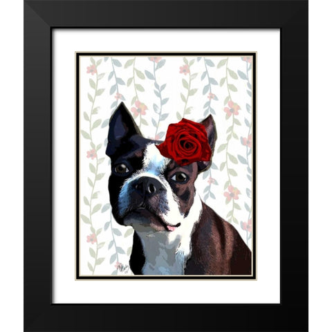 Boston Terrier with Rose on Head Black Modern Wood Framed Art Print with Double Matting by Fab Funky