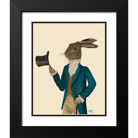 Hare In Turquoise Coat Black Modern Wood Framed Art Print with Double Matting by Fab Funky