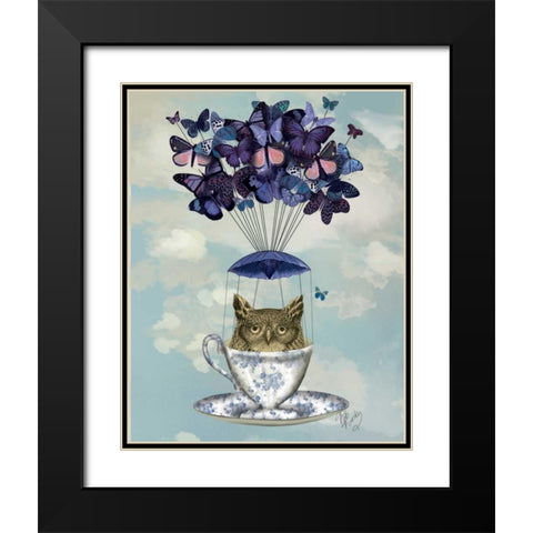Owl In Teacup Black Modern Wood Framed Art Print with Double Matting by Fab Funky