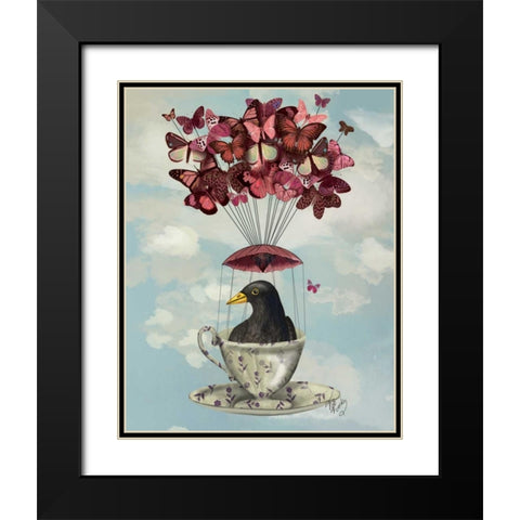 Blackbird In Teacup Black Modern Wood Framed Art Print with Double Matting by Fab Funky