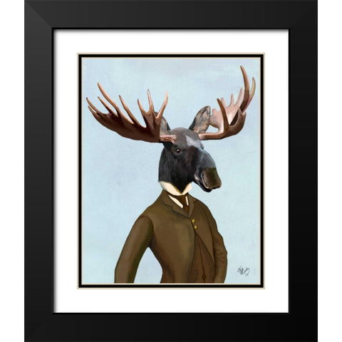 Moose In Suit Portrait Black Modern Wood Framed Art Print with Double Matting by Fab Funky
