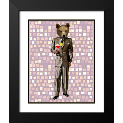 Bear With Cocktail Black Modern Wood Framed Art Print with Double Matting by Fab Funky