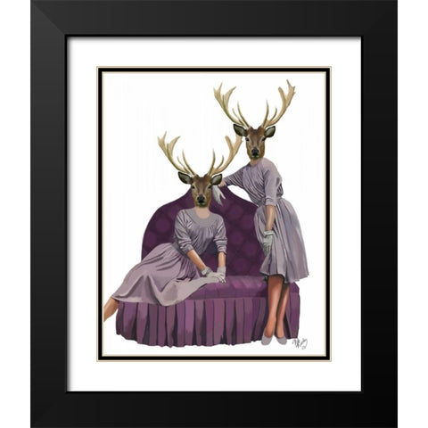 Deer Twins in Purple Dresses Black Modern Wood Framed Art Print with Double Matting by Fab Funky