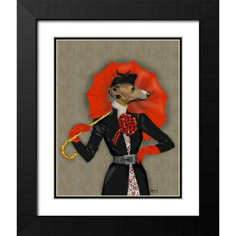 Elegant Greyhound and Red Umbrella Black Modern Wood Framed Art Print with Double Matting by Fab Funky