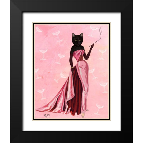Glamour Cat in Pink Black Modern Wood Framed Art Print with Double Matting by Fab Funky