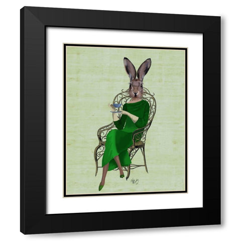 Lady Bella Rabbit Taking Tea Black Modern Wood Framed Art Print with Double Matting by Fab Funky