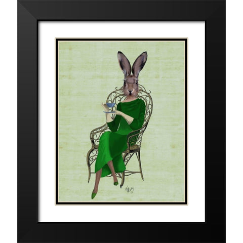 Lady Bella Rabbit Taking Tea Black Modern Wood Framed Art Print with Double Matting by Fab Funky