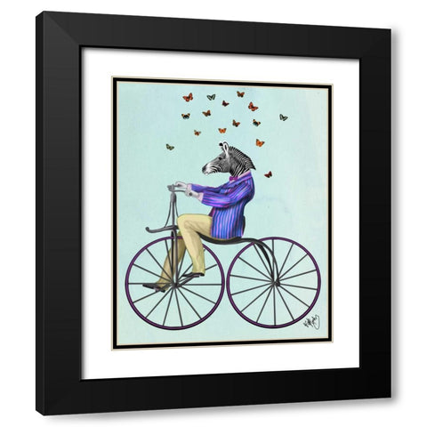 Zebra On Bicycle Black Modern Wood Framed Art Print with Double Matting by Fab Funky