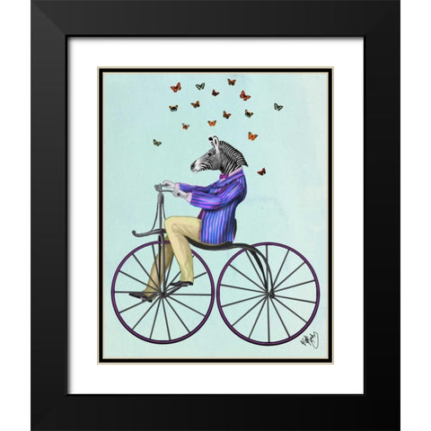 Zebra On Bicycle Black Modern Wood Framed Art Print with Double Matting by Fab Funky